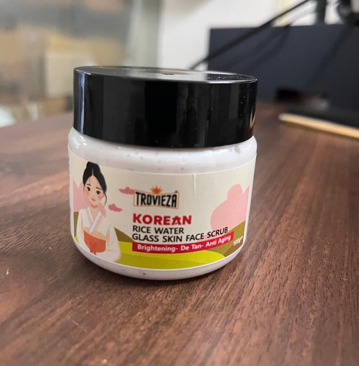 Trovieza Korean Rice water Glass Skin Face Scrub for Brightening skin, de tan & anti aging, for face & Body,  Exfoliating, cleans pores, Moisturizing, 100gm
