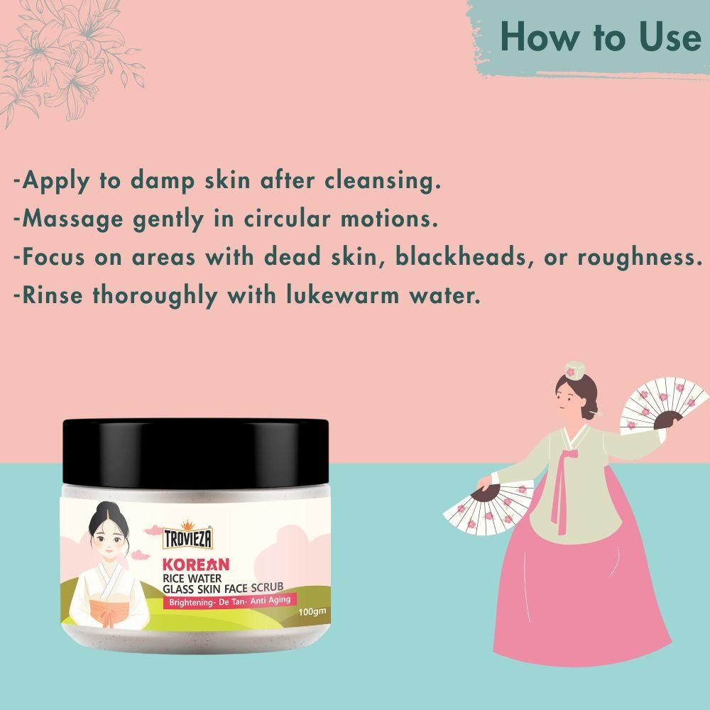 Trovieza Korean Rice water Glass Skin Face Scrub for Brightening skin, de tan & anti aging, for face & Body,  Exfoliating, cleans pores, Moisturizing, 100gm